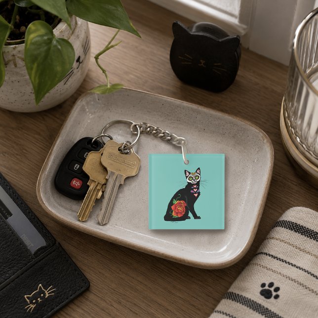 Sugar Skull Black Cat Rose Teal Heart Key Ring (Creator Uploaded)