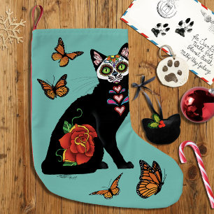 Sugar Skull Black Cat Rose Teal Heart Small Christmas Stocking