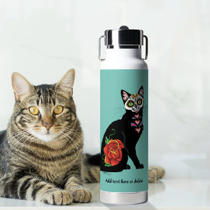 Sugar Skull Black Cat Rose Teal Heart Water Bottle