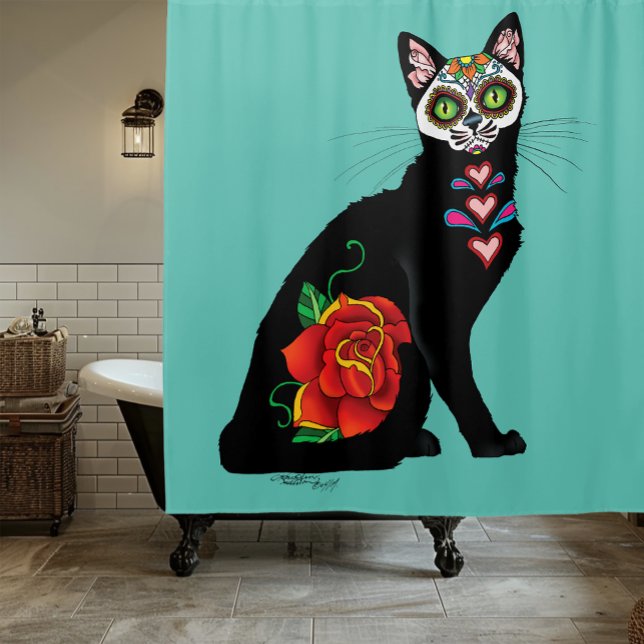 Sugar Skull Black Cat Shower Curtain (Creator Uploaded)