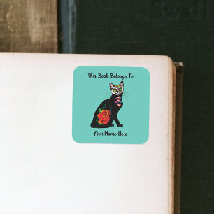 Sugar Skull Black Cat Square Sticker