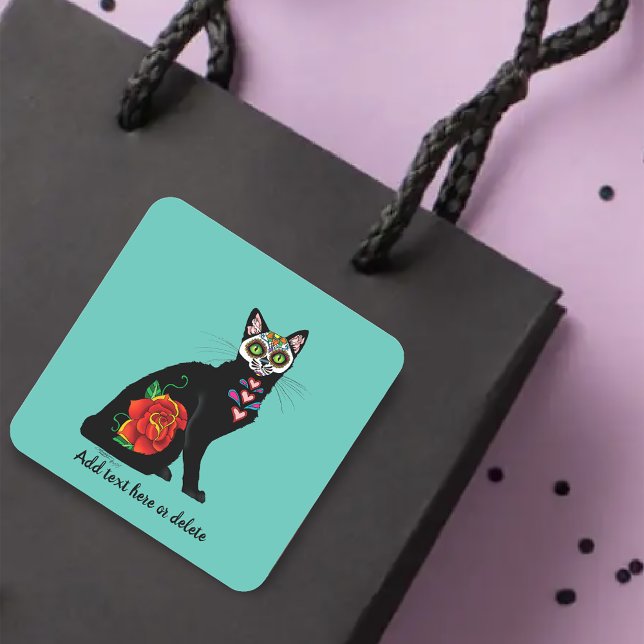 sugar Skull black Cat Square Sticker (Creator Uploaded)