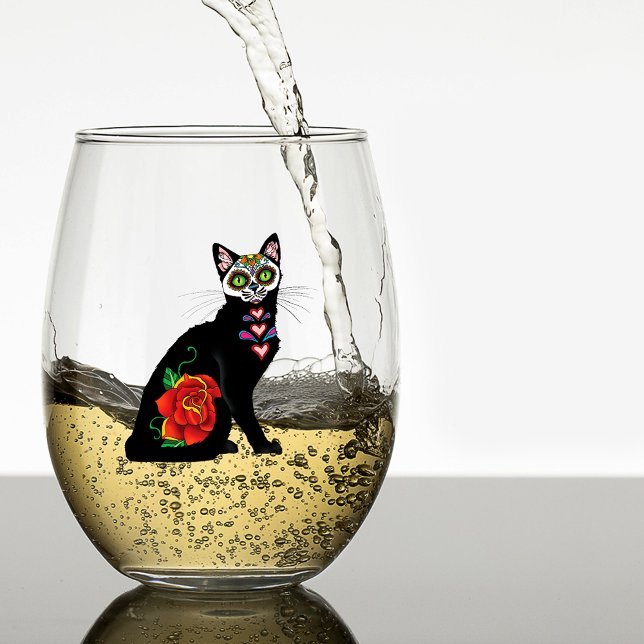 Sugar Skull Black Cat Stemless Wine Glass (Creator Uploaded)