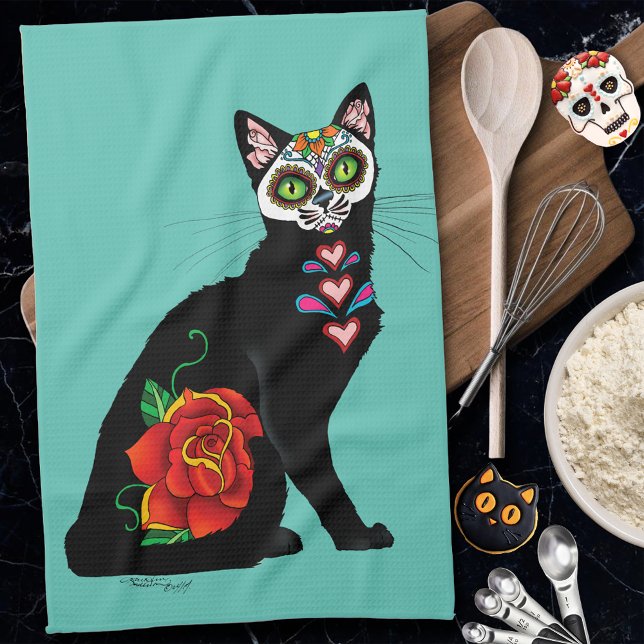 Sugar Skull Black Cat Tea Towel (Creator Uploaded)