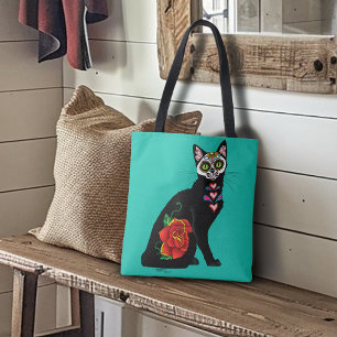 Sugar Skull Black Cat Tote Bag