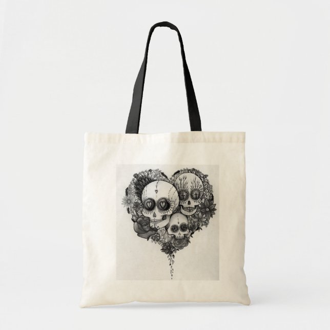 sugar skull black & white flower heart bag (Front)