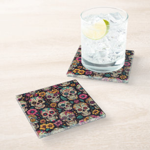 Sugar Skull Blossoms  Glass Coaster