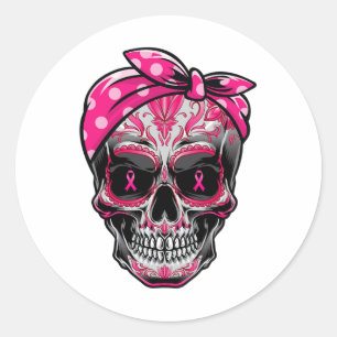 Sugar Skull Breast Cancer Awareness Pink Ribbon Ca Classic Round Sticker