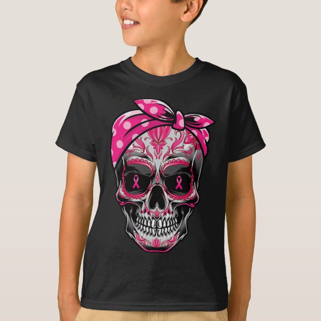 Sugar Skull Breast Cancer Awareness Pink Ribbon Ca T-Shirt (Front)