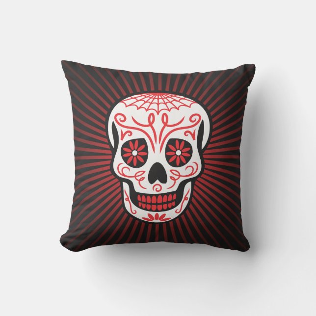 sugar skull burst black & red cushion (Front)
