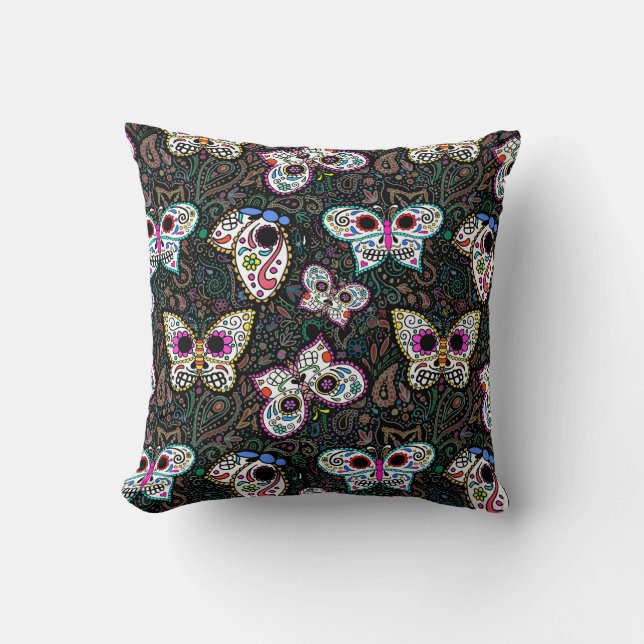 sugar skull butterflies throw pillow, cute spooky cushion (Front)