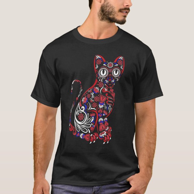 Sugar Skull Cat 4th Of July Kitten Kitty Patriotic T-Shirt (Front)