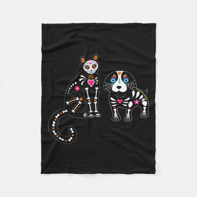 Sugar Skull Cat And Dog Funny Halloween Fleece Blanket (Front)