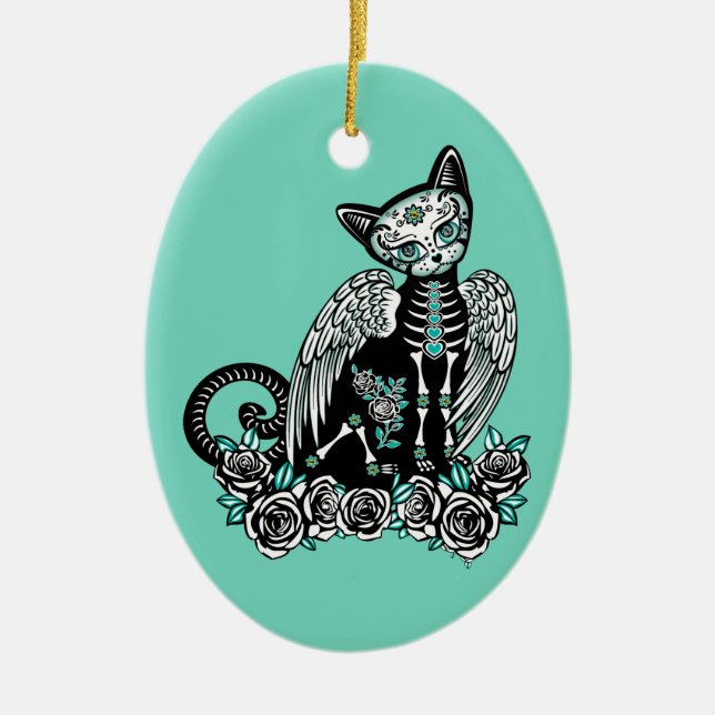 Sugar Skull Cat Ceramic Tree Decoration (Front)