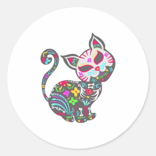 Sugar Skull Cat  Cute Dia De Los Muertos Fun Classic Round Sticker (Front)