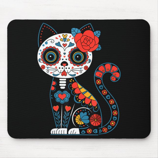 Sugar skull cat day of dead dia de los muertos mouse pad (Front)