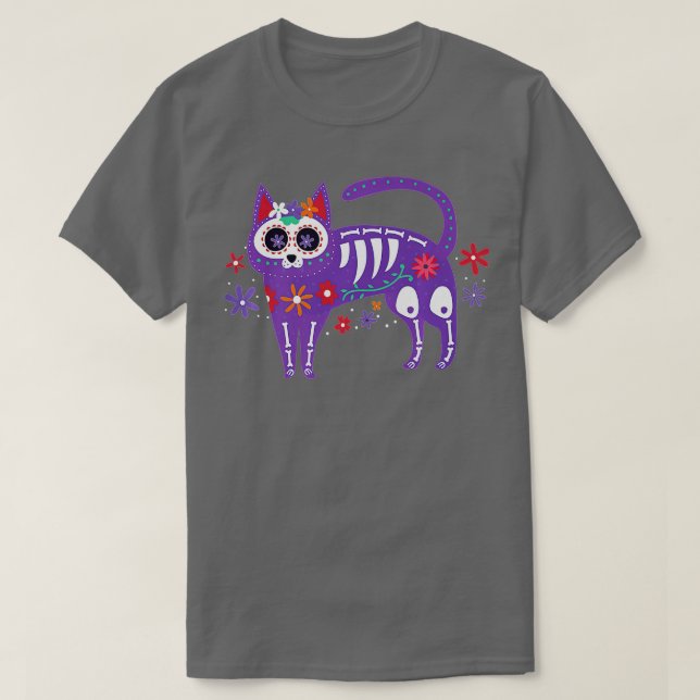 Sugar Skull Cat Day of Dead Skeleton Calavera Hall T-Shirt (Design Front)