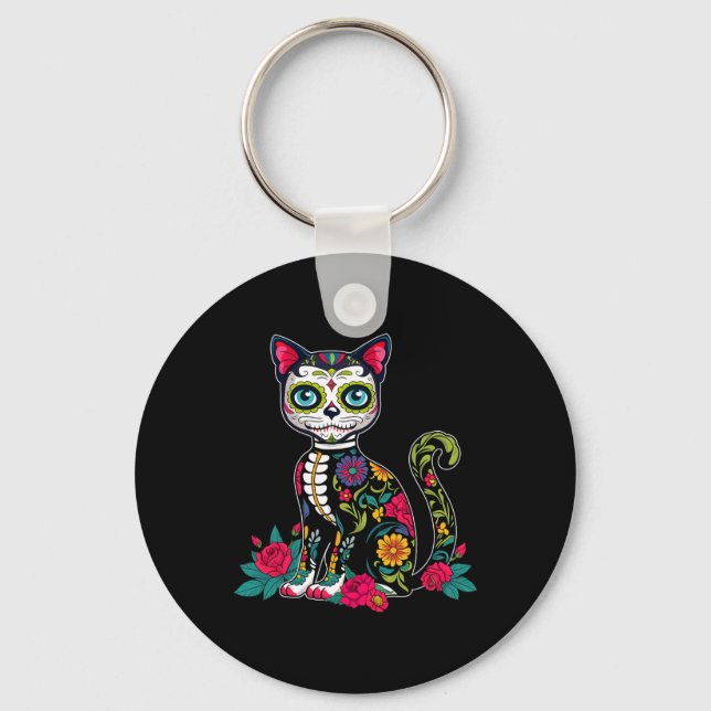 Sugar Skull Cat Dia De Muertos Day Of Dead Hallowe Key Ring (Front)