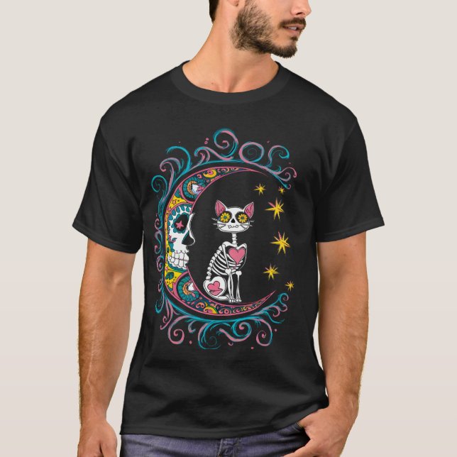 Sugar Skull Cat Moon Halloween T-Shirt (Front)