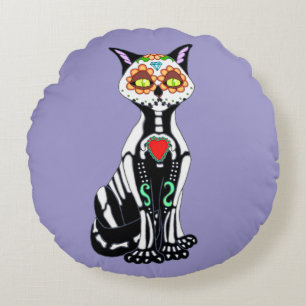 Sugar Skull Cat Round Cushion