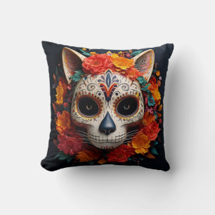 Sugar Skull Cat with Flowers Throw Pillow