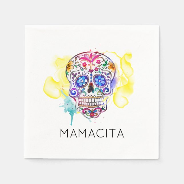 Sugar Skull Colourful Inked Day of the Dead NAME Napkin (Front)