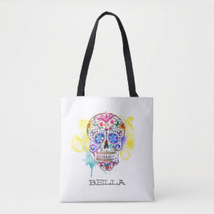 Sugar Skull Colourful Inked Day of the Dead NAME Tote Bag