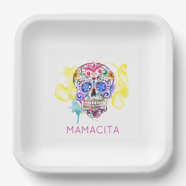 Sugar Skull Colourful Tattoo Art NAME Day of Dead Paper Plate (Front)