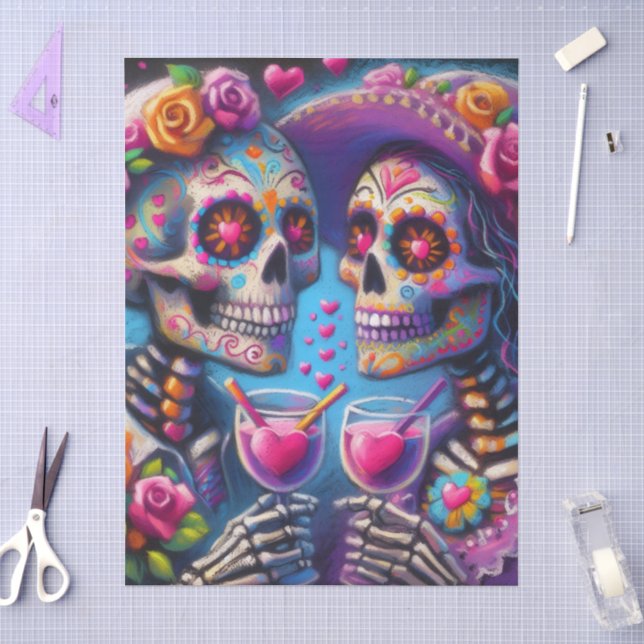 Sugar Skull Couple Having Drinks Decoupage  Tissue Paper (Craft)