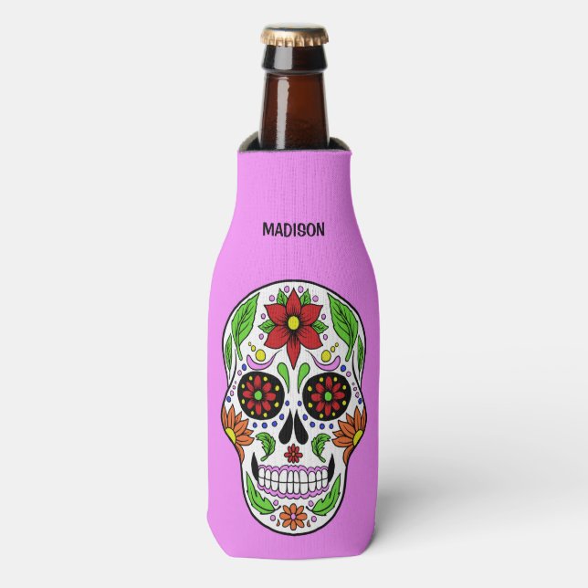 Sugar Skull custom name, text & colour Bottle Cooler (Bottle Front)