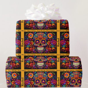 Sugar Skull Day of the Dead Birthday Add Name Wrapping Paper