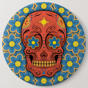 Sugar Skull - Day of the Dead (Blue Daisies) 6 Cm Round Badge