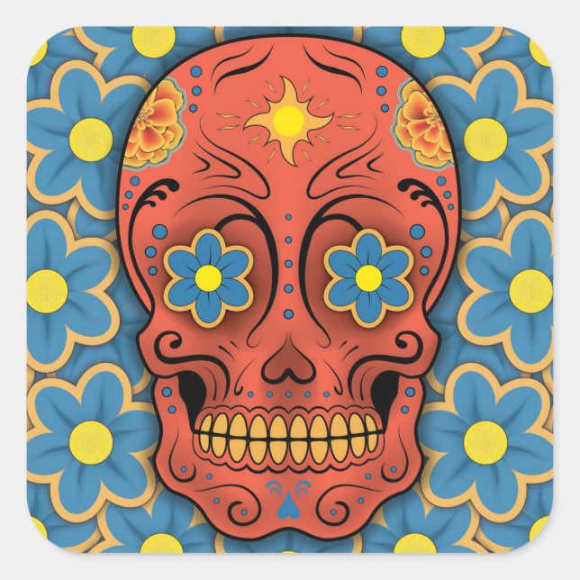 Sugar Skull - Day of the Dead (Blue Daisies) Square Sticker (Front)