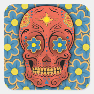 Sugar Skull - Day of the Dead (Blue Daisies) Square Sticker