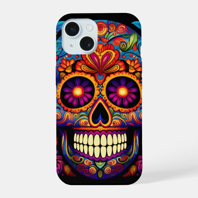 Sugar Skull Day of the Dead Colourful iPhone 15 Case (Back)