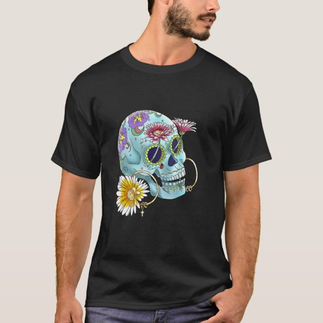 Sugar Skull Day Of The Dead Cool Bone Head Skulls T-Shirt (Front)