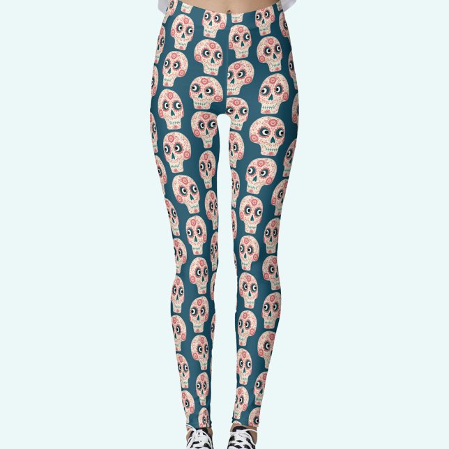 Sugar Skull Day of the Dead Dark Green Leggings (Teal green Sugar Skull Day of the Dead leggings)