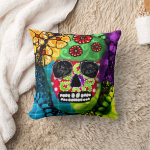 Sugar Skull Day of the Dead Floral Green Red Blue Cushion