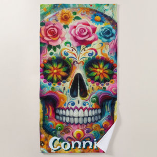 Sugar Skull Day of the Dead Floral Personalised Beach Towel
