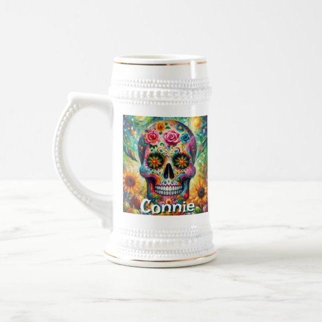 Sugar Skull Day of the Dead Floral Personalised Beer Stein (Left)