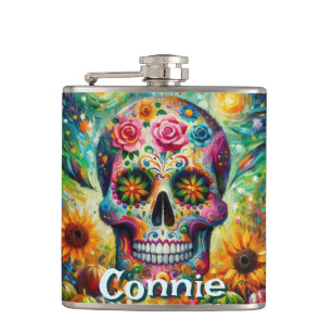Sugar Skull Day of the Dead Floral Personalised Hip Flask