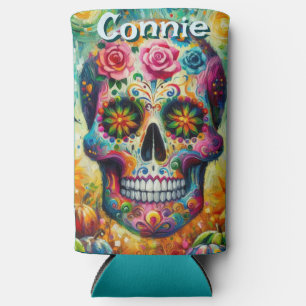 Sugar Skull Day of the Dead Floral Personalised Seltzer Can Cooler