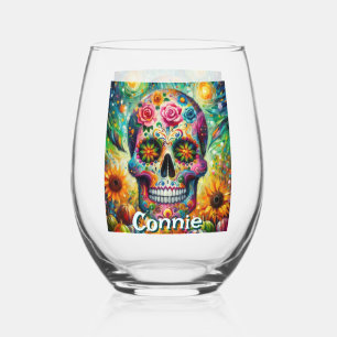 Sugar Skull Day of the Dead Floral Personalised Stemless Wine Glass