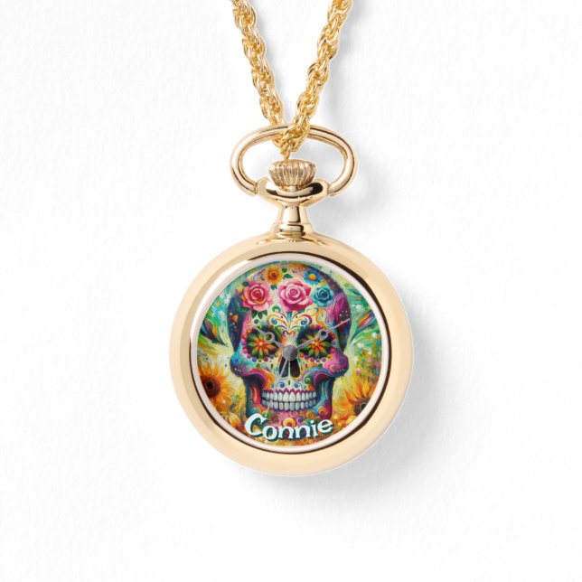 Sugar Skull Day of the Dead Floral Personalised Watch (Front)