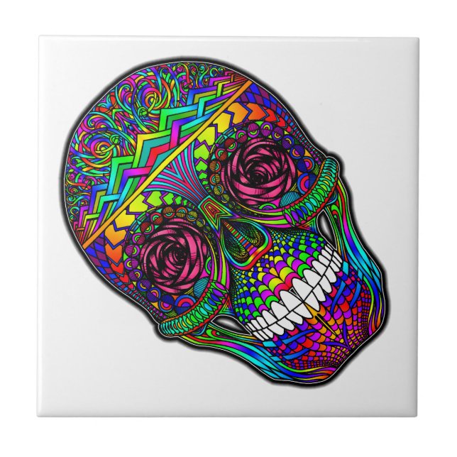 Sugar Skull Day of the Dead Rainbow Colourful Art Tile (Front)