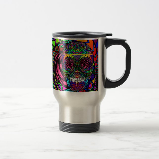 Sugar Skull Day of the Dead Rainbow Colourful Art Travel Mug (Right)