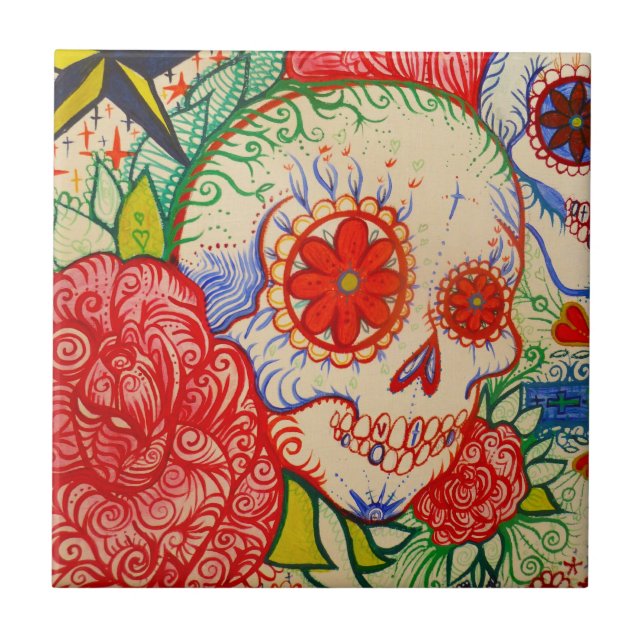 sugar skull day of the dead tattoo art wall tile (Front)