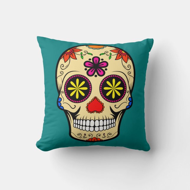 Sugar Skull Day of the Dead Teal Cushion (Front)