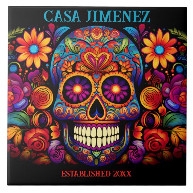 Sugar Skull Day of the Dead Wedding Gift Tile (Front)