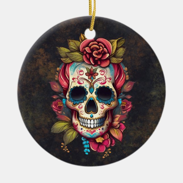 Sugar Skull Dia de los Muertos Ceramic Tree Decoration (Front)